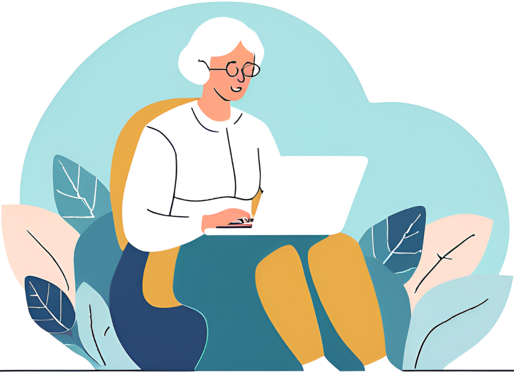 Illustration of Senior with laptop in peace